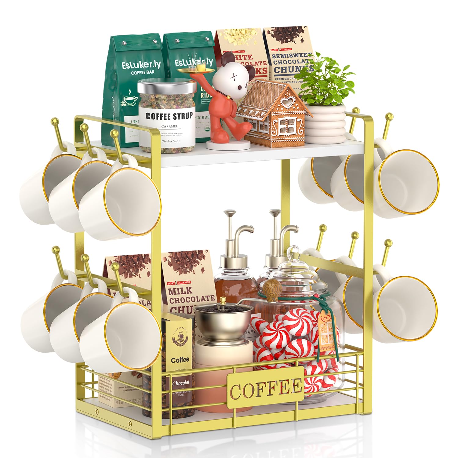 EsLuker.ly Coffee Mug Cup Holder Tree Bar Station Organizer, 2 Tier Gold