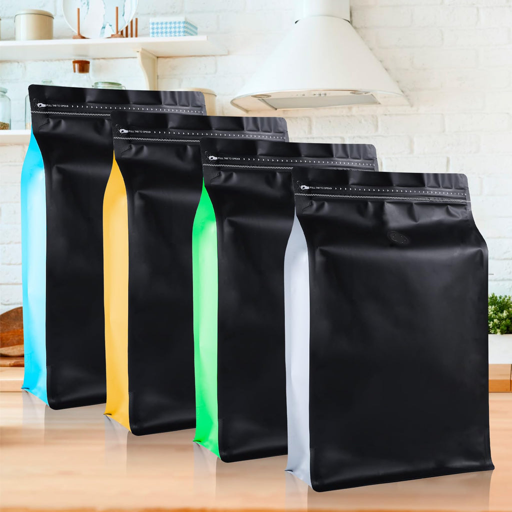 New 2.5 KG Large Capacity Coffee Bags with Valve (50 PCS) Black Sides White High Barrier Aluminum Foil Flat Bottom Standing Coffee Beans Storage Packaging Bags, Reusable Heat Seal Side Zipper Pouches