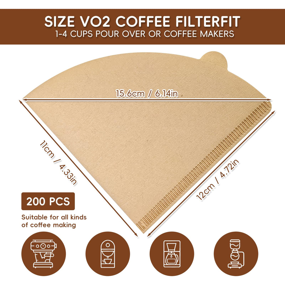 Gute 200Pcs Cone Coffee Filters 2-4 Cups,Unbleached Brown V02 for Pour Over