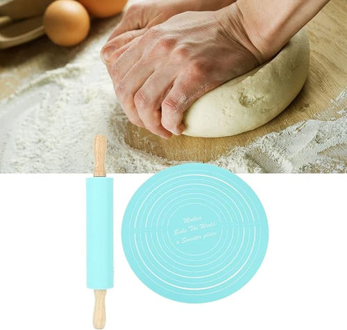 13.2in Rolling Pin Pastry Baking Mat 11.8x1.8in Large Silicone Rolling Pin Kneading Pad Baking Tool for Kitchen Restaurant School Use (Blue)