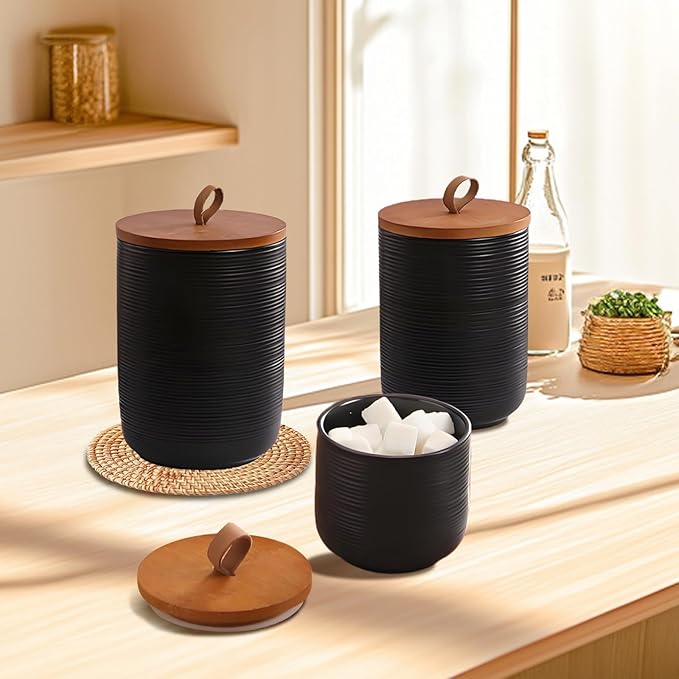 Food Storage Jar Strong Ceramic Storage Canisters with Airtight Wooden Lid,Kitchen Storage Containers for Serving Coffee Beans, Tea, Sugar, Salt, Spices (Black three-piece set)