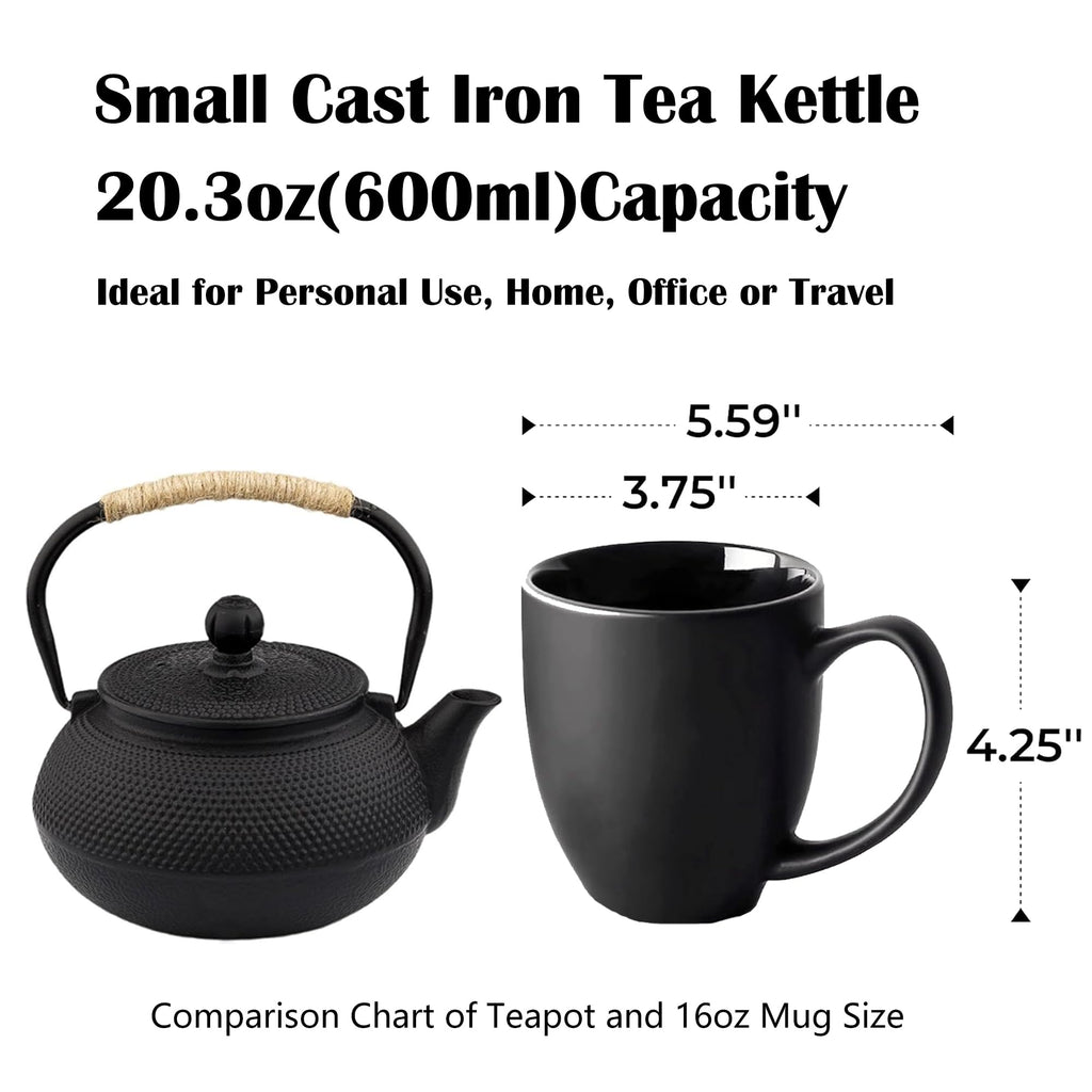 20.3oz Only, Small Tea Kettle for 1-2 Cups, Japanese Tetsubin, Cast Iron Teapot with Stainless Steel Infuser for Loose Leaf & Coffee, Tea Pot for Stovetop Safe, Enamel Interior(Black, 600ml)