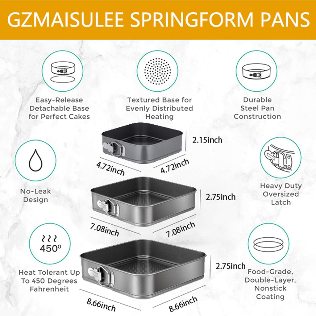 GZMAISULEE Springform Cake Pan Set of 3 (4, 7, 9 Inch) Square Leakproof Nonstick Cheesecake Pans with Removable Bottom Carbon Steel Bakeware