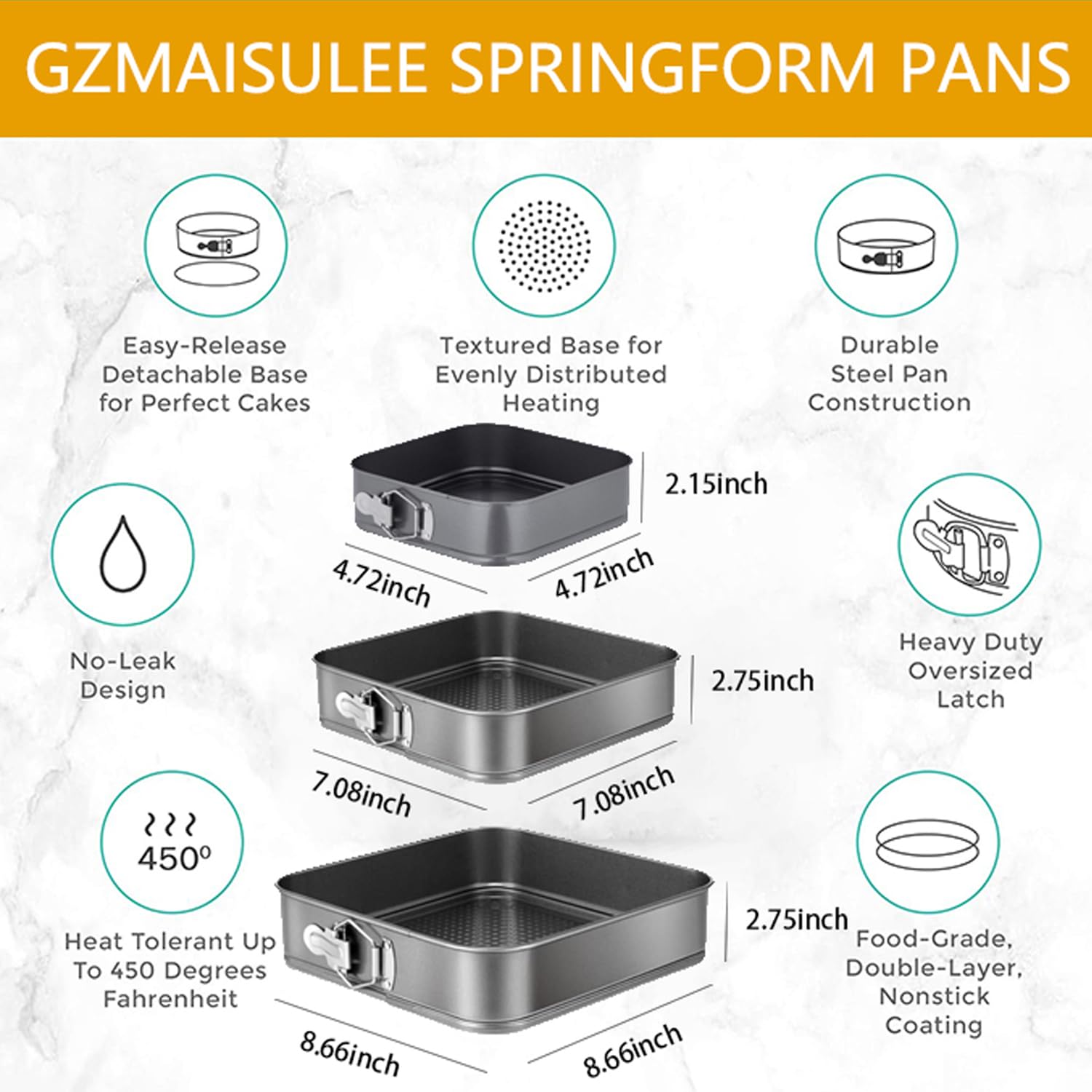 GZMAISULEE Springform Cake Pan Set of 3 (4, 7, 9 Inch) Square Leakproof Nonstick Cheesecake Pans with Removable Bottom Carbon Steel Bakeware