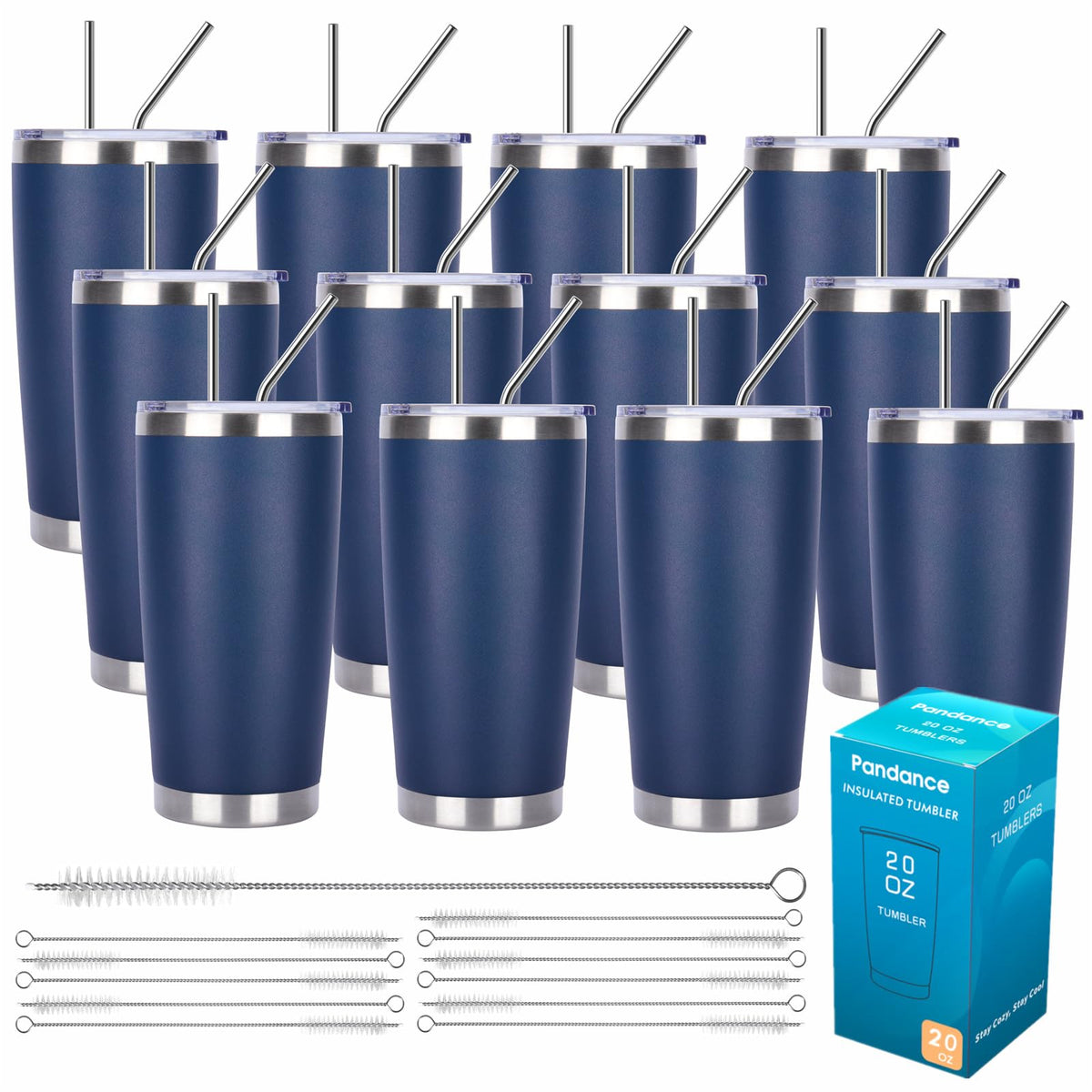 Pandance 20oz Stainless Steel Insulated Tumblers Bulk, Black, 12 Pack