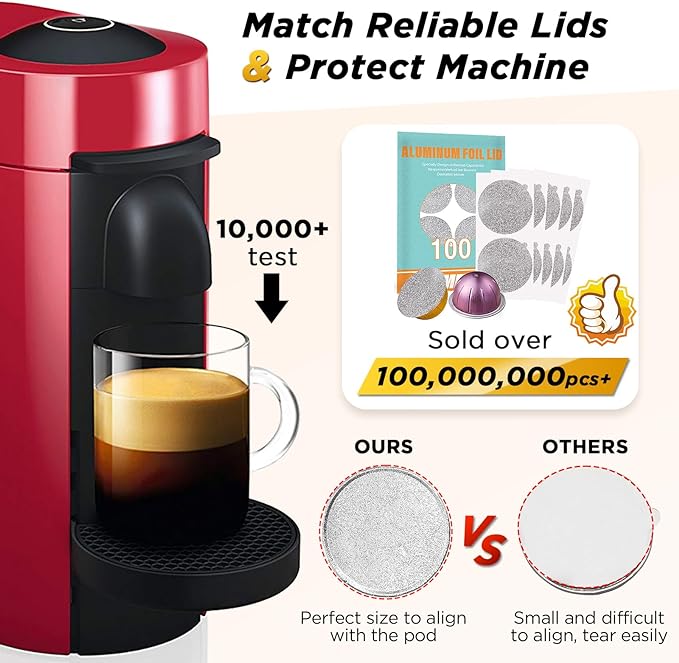 CAPMESSO Reusable Vertuo Pod Refill Kit, Faster Seal Reusable Nespresso Vertuo Pods with Fill & Press Brush,100pcs Aluminum Foil Lids for Refillable Nespresso Pods Vertuo