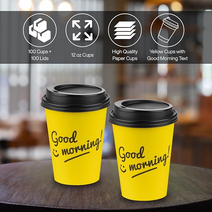 Smygoods Disposable Coffee Cups with Lids, To Go Paper Hot Cups, Good Morning Design (12 OZ, 100 Count) For Hot Beverages, Coffee, Tea, Espresso, Cocoa - Vasos Para Cafe