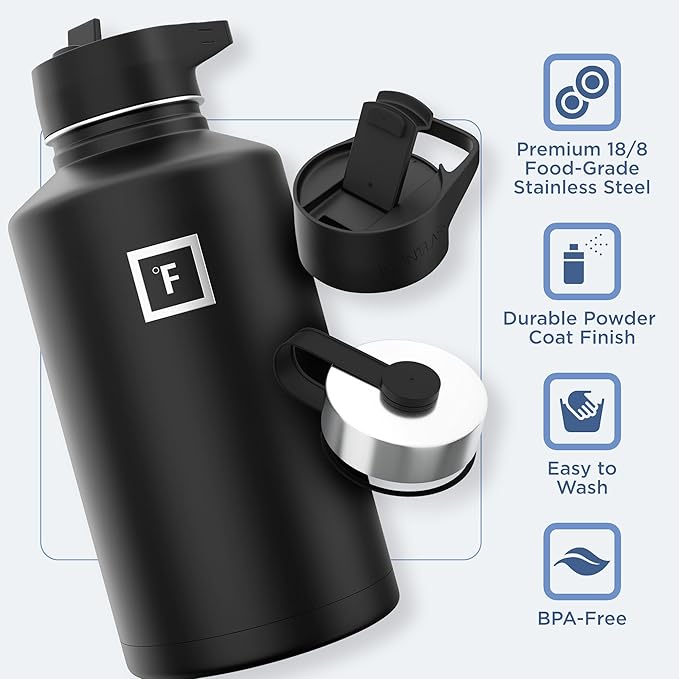 IRON °FLASK Camping & Hiking Hydration Flask with 3 Lids - Stainless Steel, Double Walled & Vacuum Insulated Water Bottle - Leak Proof & BPA Free (Day & Night, Straw - 64 oz)