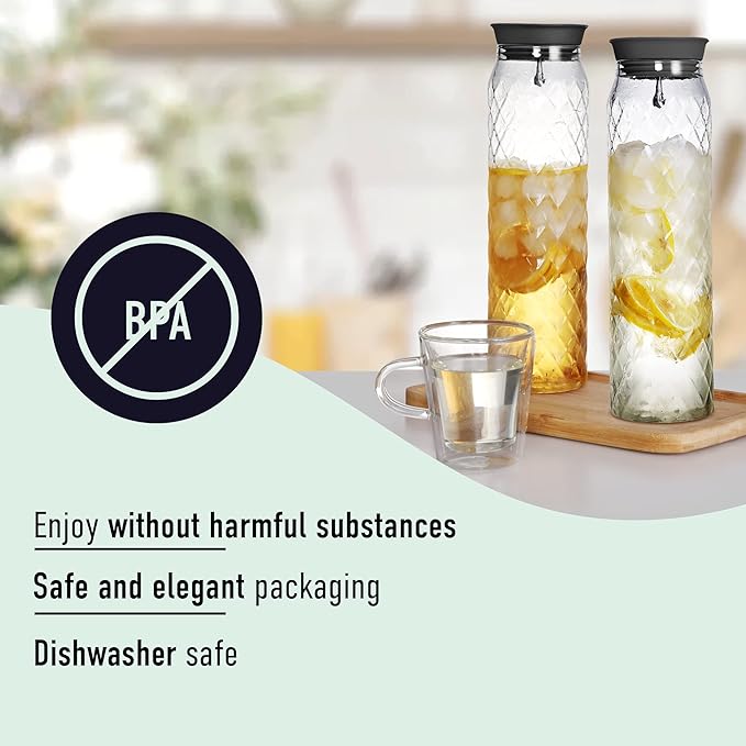 Glass Pitcher - 1.2 Liters / 41 oz, Borosilicate Glass - Water Carafe with Lid - for Hot/Cold Beverages - Milk Jug - Iced Tea Pitcher - Juice Server - by PJC-Kitchen
