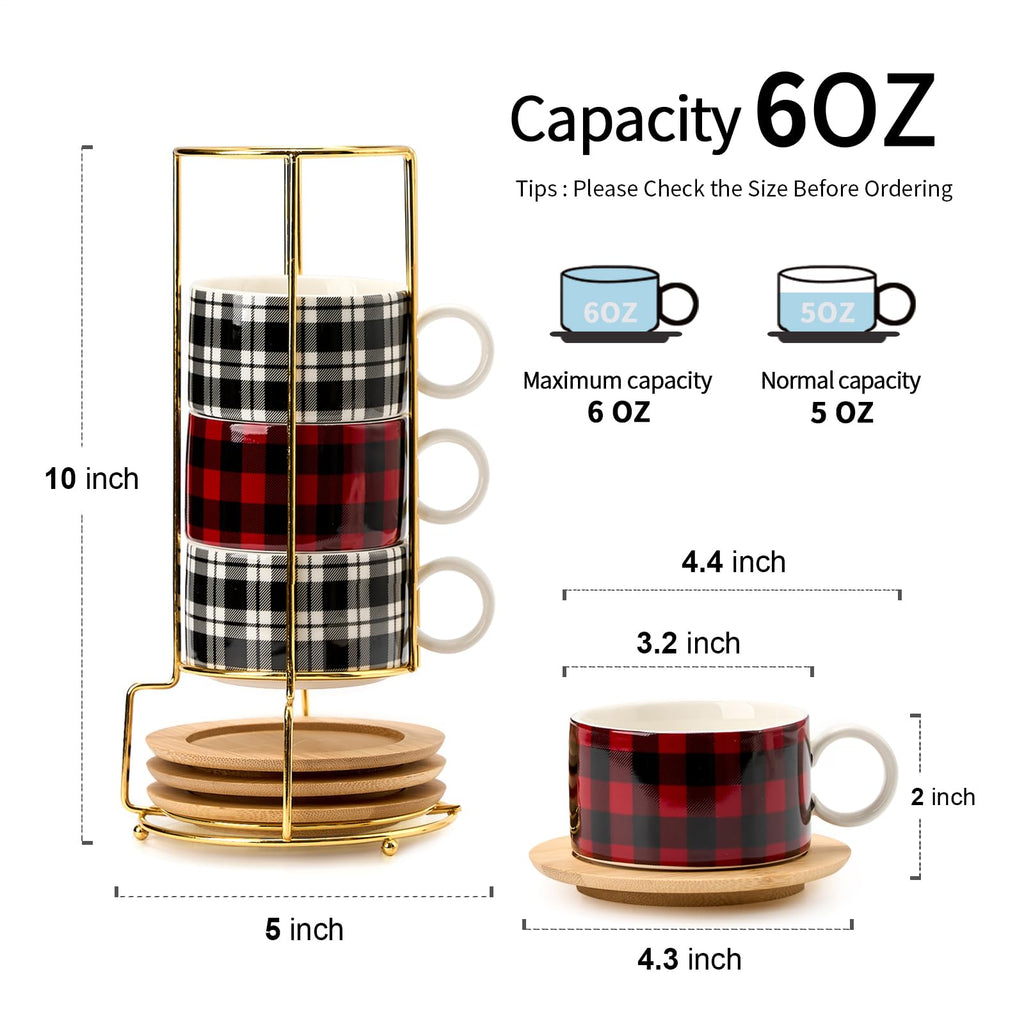LUKA Porcelain Espresso Cup with Metal Stand,6 Ounce Stackable Ceramic Demitasse Espresso Mugs Cappuccino Cups Set for Latte,Coffee,Cafe Mocha,Tea - Set of 4 (Plaid Red & Gray)