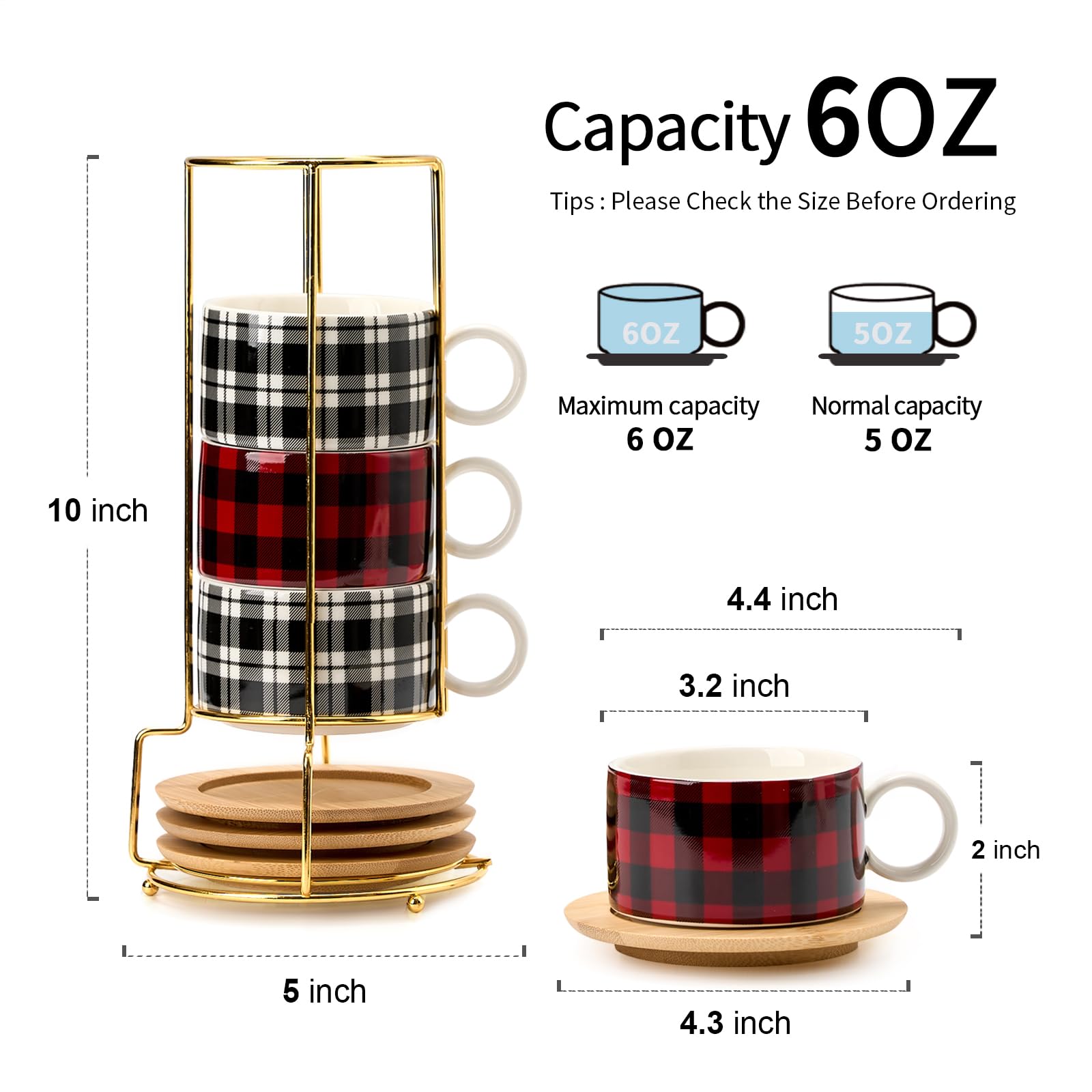 LUKA Porcelain Espresso Cup with Metal Stand,6 Ounce Stackable Ceramic Demitasse Espresso Mugs Cappuccino Cups Set for Latte,Coffee,Cafe Mocha,Tea - Set of 4 (Plaid Red & Gray)
