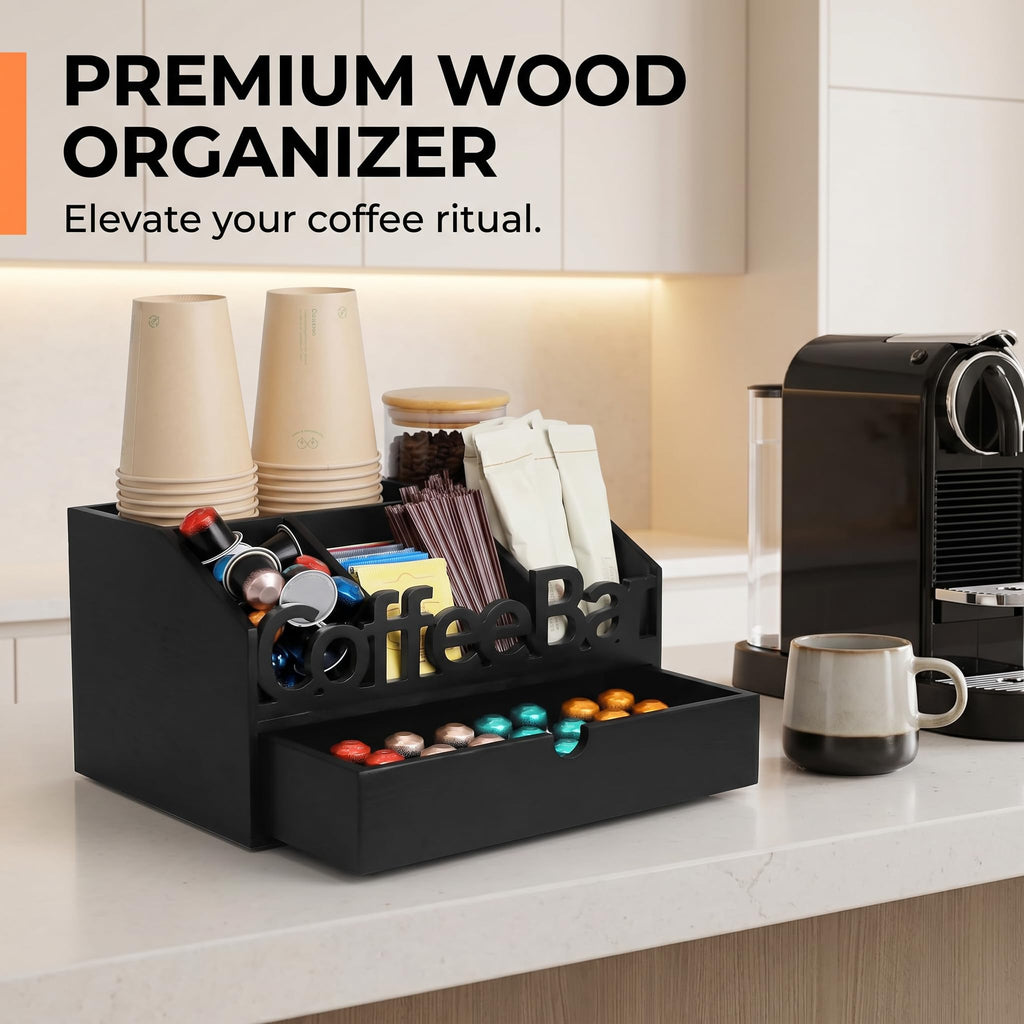 Coffee Bar Organizer Countertop, Wooden Coffee Station with Black Drawer