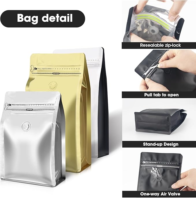 Coffee Bags with Valve(60pcs,16 oz,1 lb) Vented Coffee Beans Packaging Bags High Barrier Aluminumed Foil Flat Bottom Heat Sealed Side Zipper Resealable Storage Bag for Home or Business (White+Blue）