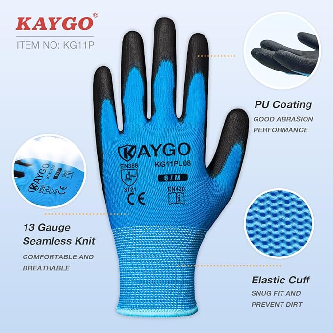 KAYGO Safety Work Gloves PU Coated,12 Pairs KG11PB, Seamless Knit Glove with Polyurethane Coated Smooth Grip on Palm & Fingers, for Men and Women, Ideal for General Duty Work (Medium,Blue)