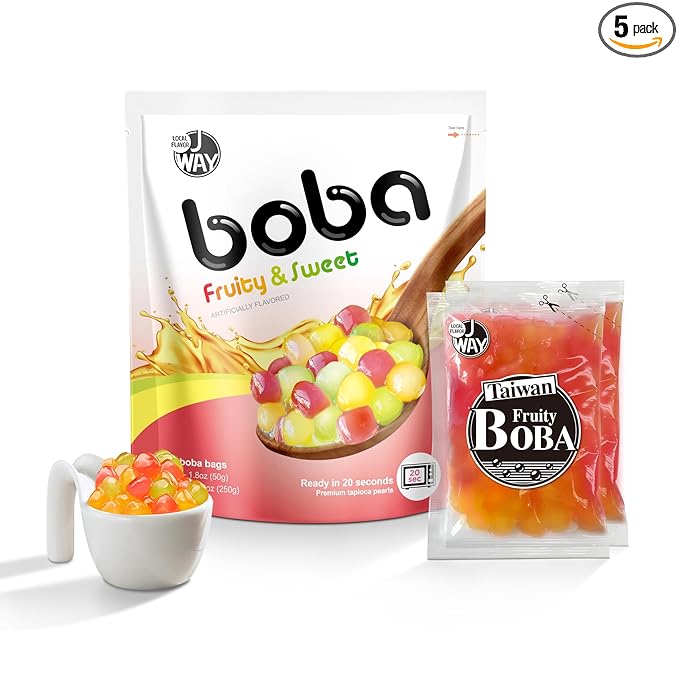 J WAY BOBA Authentic Instant Tapioca Boba Pearls for Milk Tea, Smoothies and Desserts, Tropical Fruit Flavor (Ready in Just 20 Seconds) - 5 Servings