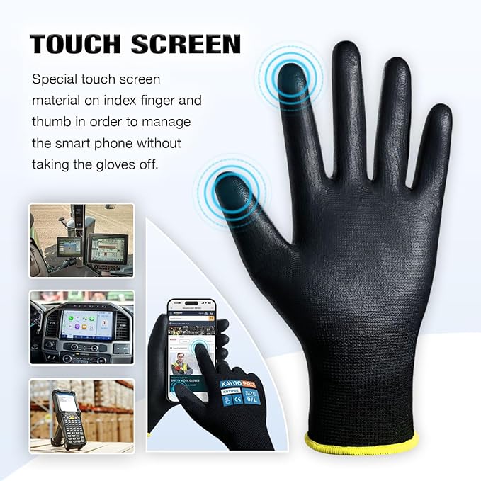 KAYGO Safety Work Gloves PU Coated for Men and Women, 60 Pairs KG11PB, Seamless Knit Glove with Two Fingers Touchscreen, breathable and lightweight Ideal for General Duty Work (Large,Black)