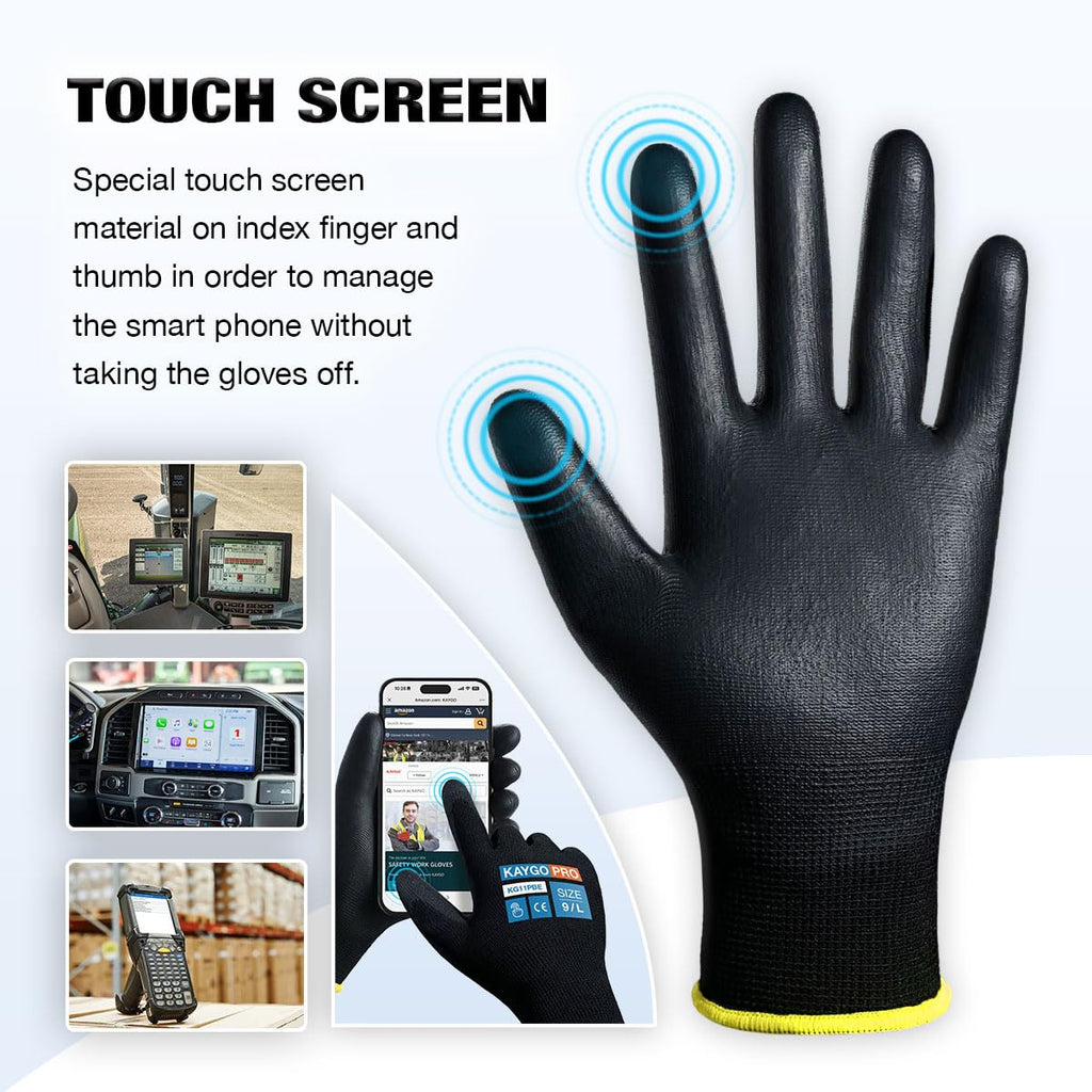 KAYGO Safety Work Gloves, PU Coated, 2-Finger Touchscreen, KG11P