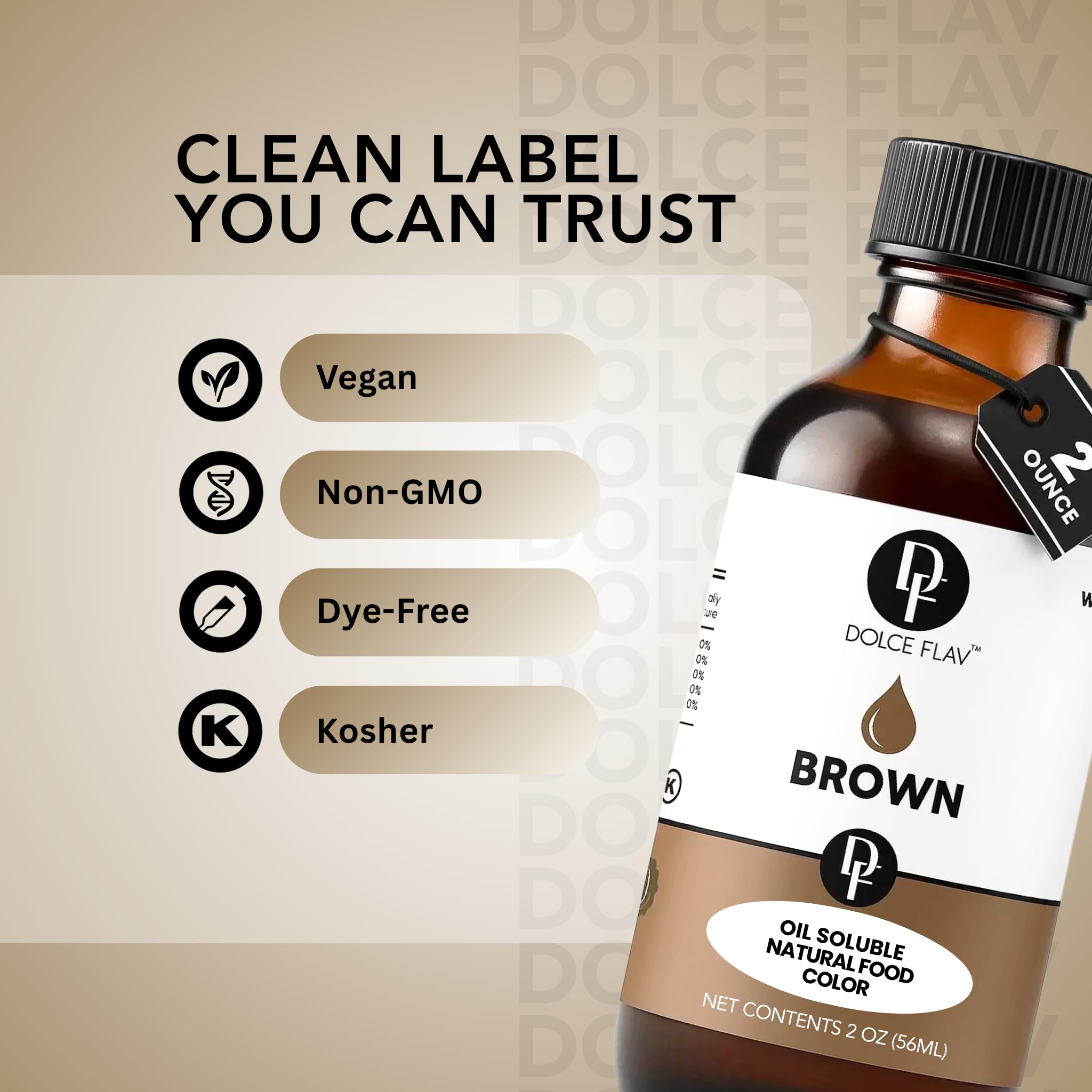 Dolce Flav Natural Brown Food Coloring – 2 oz Liquid Color from Class IV Caramel with Graduated Dropper | Water-Soluble | For Baking, Beverages & Sauces | Kosher | Made in USA