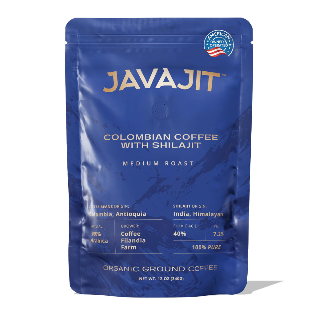 Colombian Coffee with Shilajit – Medium Roast Organic Ground Coffee, Energy & Immunity Boost, 250mg Himalayan Shilajit per Serving, 16 Servings
