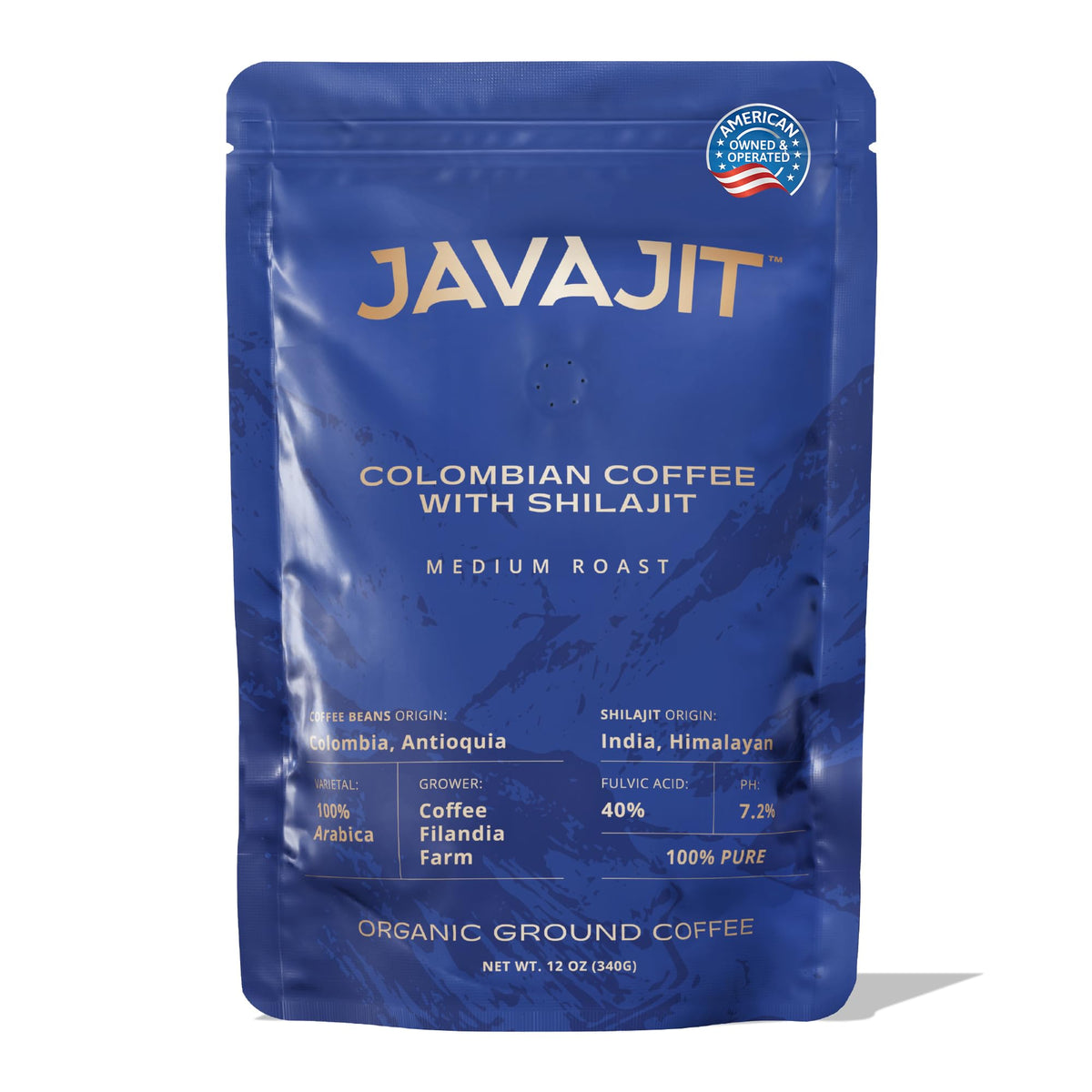 Colombian Coffee with Shilajit – Medium Roast Organic Ground Coffee, Energy & Immunity Boost, 250mg Himalayan Shilajit per Serving, 16 Servings