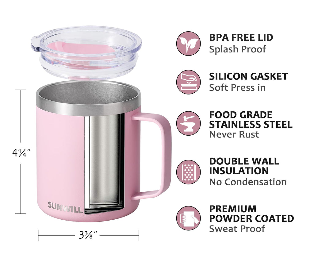 SUNWILL Insulated Coffee Mug with Lid, Travel Tumbler Reusable, 14 oz Stainless Steel Cup for Camping, Office, Home, Powder Coated Sakura