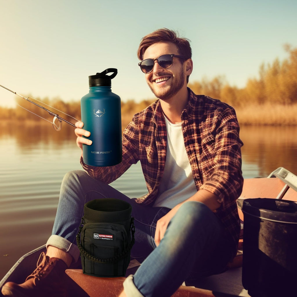 NATURE PIONEOR 64 oz Insulated Water Bottle with Carrier Bag & 3 Lids