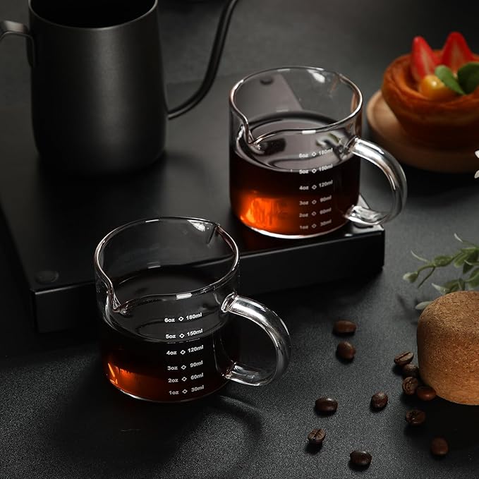 Patelai Espresso Cups Set of 2, 180ml/6oz Coffee Cups with Double Spouts & Handle, Scales Espresso Shot Glass for Espresso Machines, Milk Frothing, and Coffee Bars Accessories