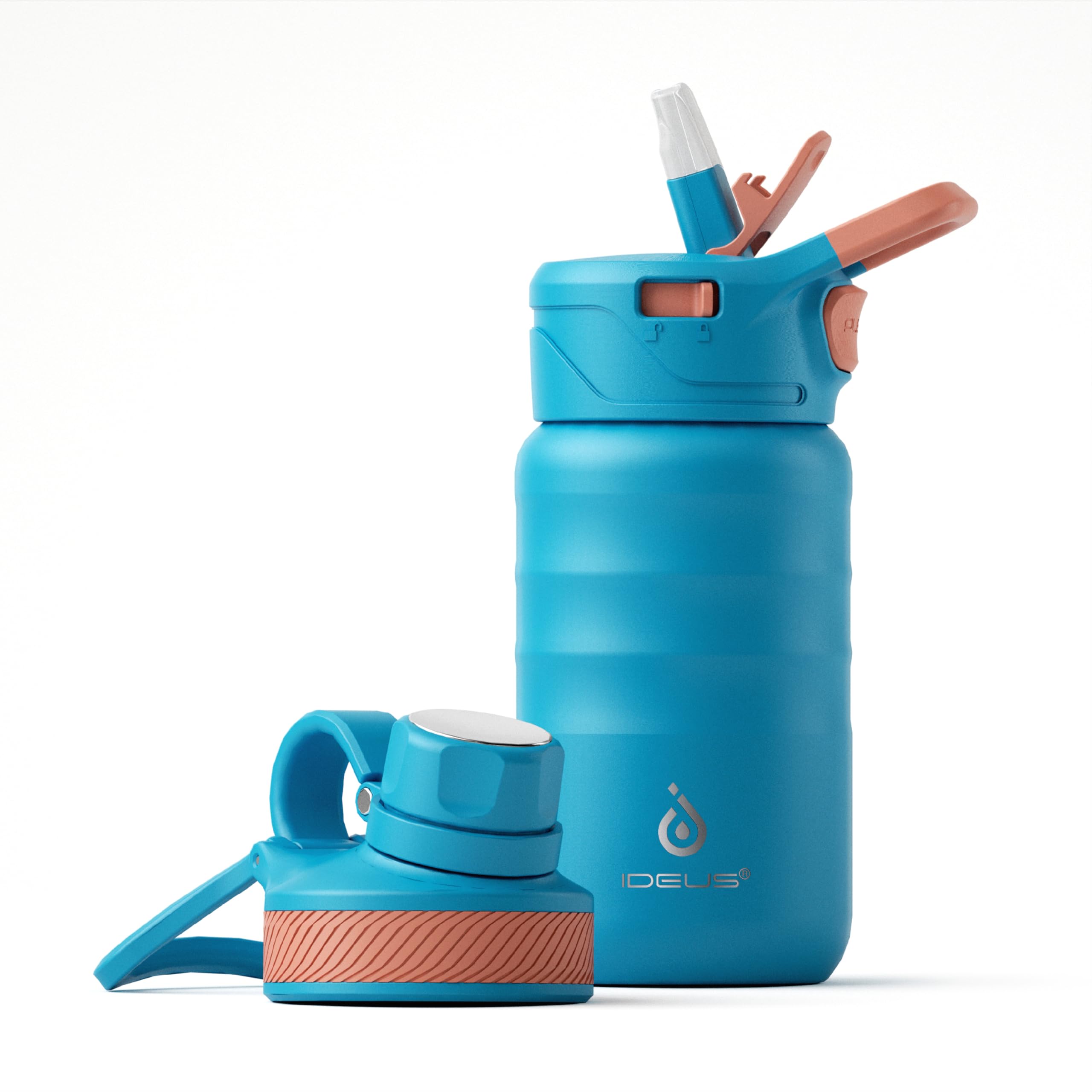 IDEUS Insulated Water Bottle 12oz, Stainless Steel Insulated Water Bottle For School, Insulated Bottles With Straws Leakproof, Vacuum Double Wall Water Bottles For Boys And Girls With 2 Lids, BPA Free