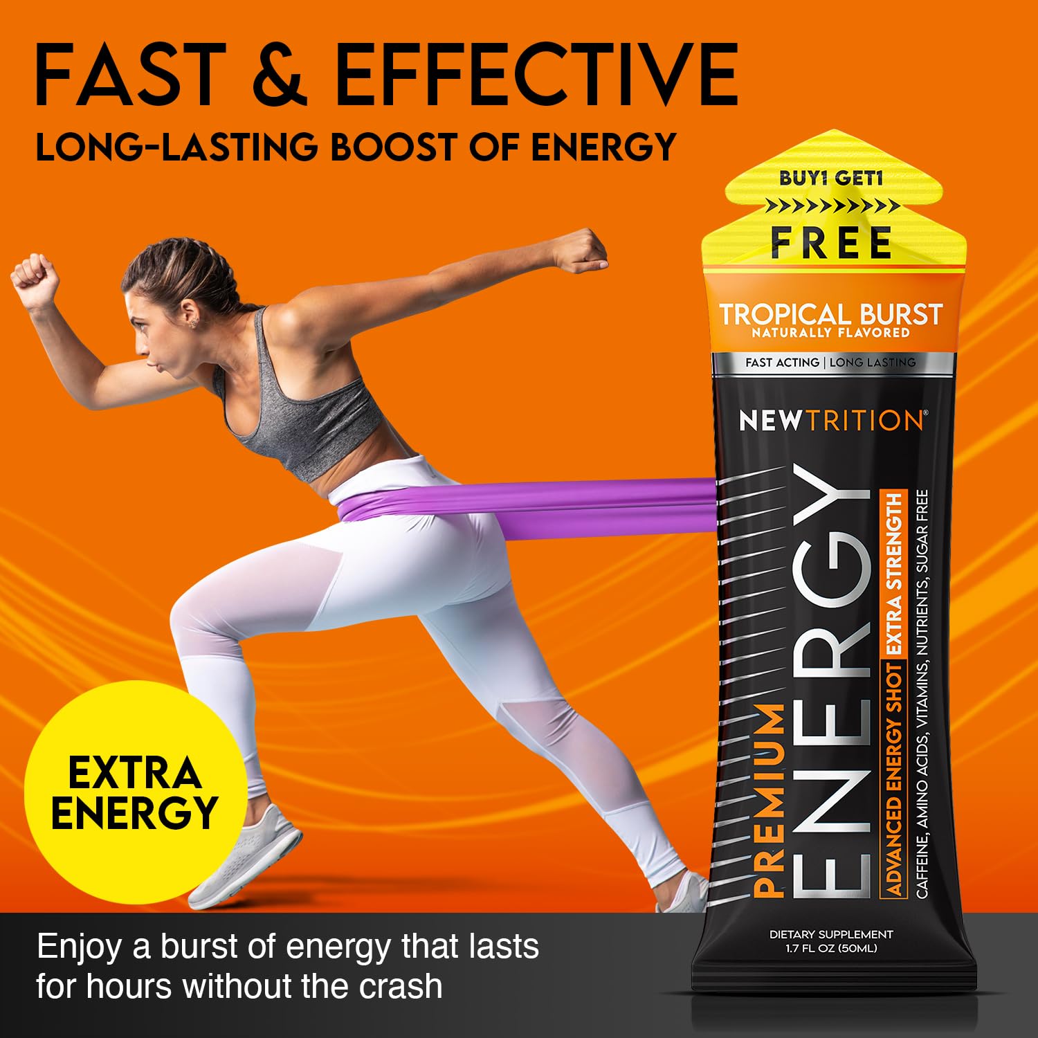 NewTrition® Extra Strength Energy Shots, 1.7 fl oz - 250mg Caffeine with Vitamin B & Amino Acids, Sugar-Free, Zero Calorie Vitamin Energy Drink for Focus & Endurance (Pack of 6, Tropical Burst)