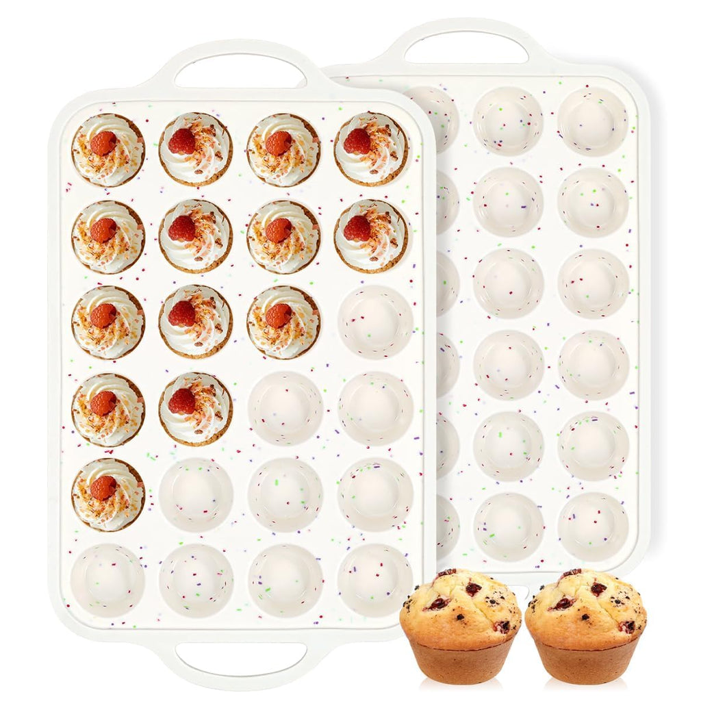 FUNBAKY Silicone Mini Muffin Pan, Metal Reinforced Frame 24 Cups Nonstick Mini Cupcake Pans with Handles Easy to Move for Baking Muffin, Cupcake, Egg Bites Oven Safe, Silicone Molds 2 Pack Confetti