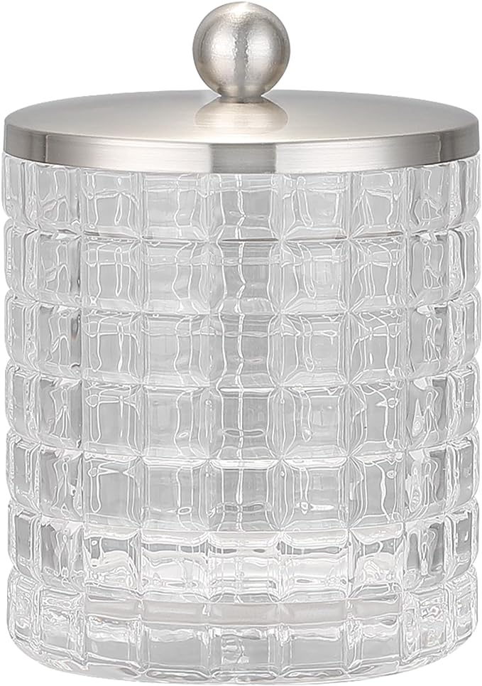 Glass Jar with Metal Lid for Bathroom Organization, Clear Apothecary Jar for Cotton Balls, Q Tips, and Small Accessories, Stylish Bathroom Storage Container Clear, Nickel