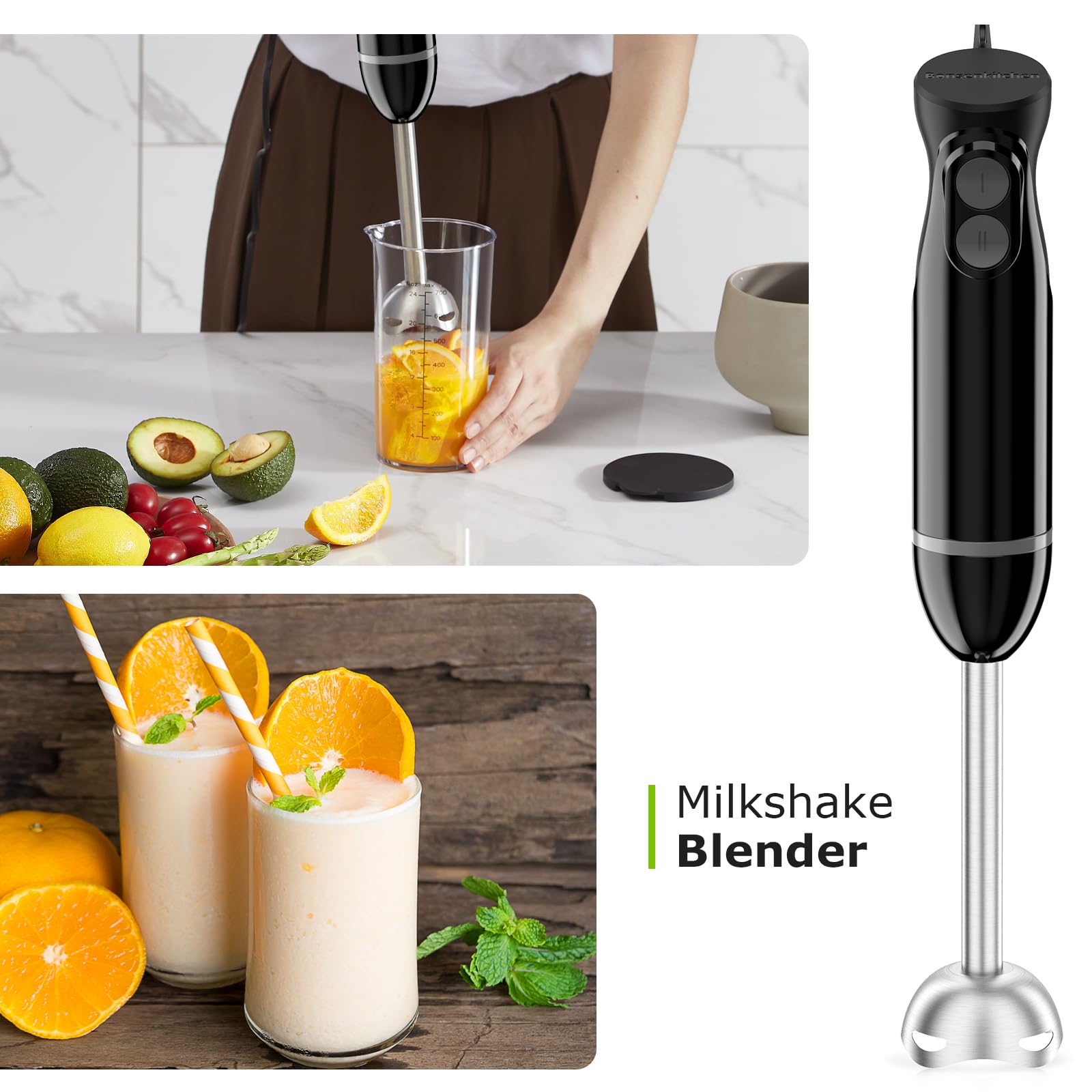 Bonsenkitchen 3-in-1 Immersion Blender Handheld with 2 Mixing Speed