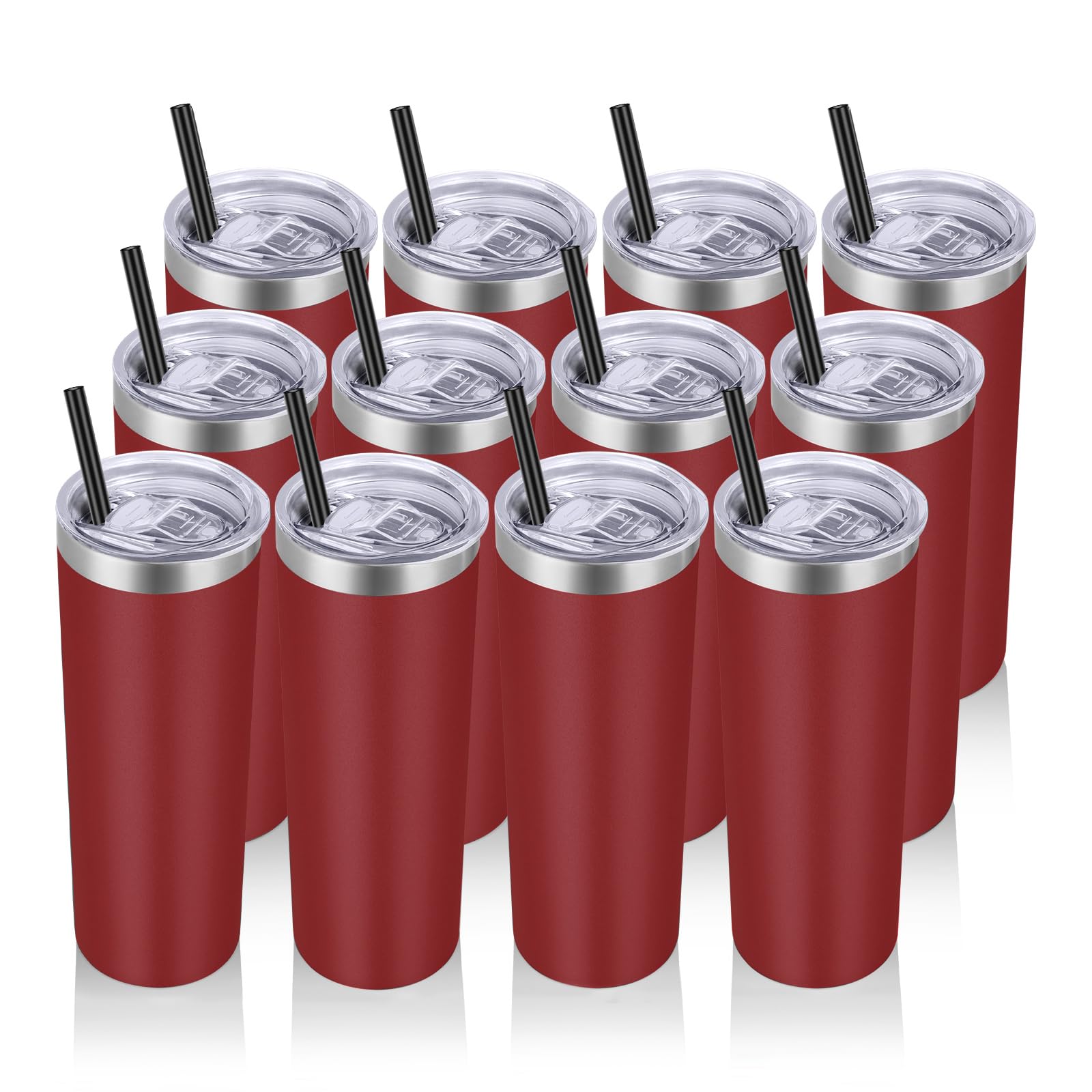 VEGOND 20 oz Stainless Steel Skinny Tumbler with Lids and Straws, 20oz Vacuum Insulated Slim Tumbler Cup, Double Wall Travel Tumblers Bulk for Cold Hot Drinks, Wine Red 12 Pack