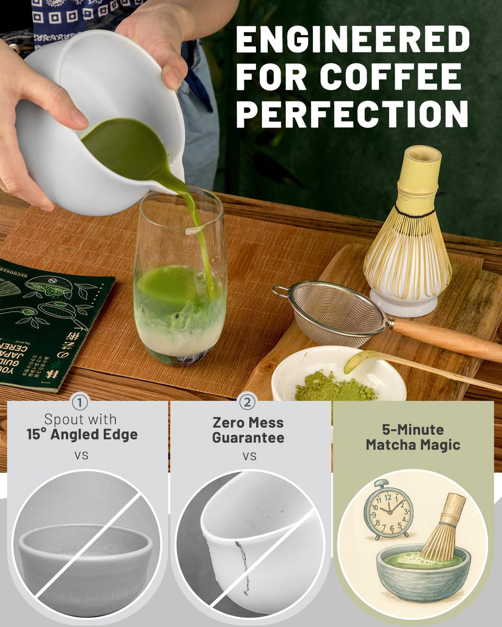 Nucookery Matcha Set with 18oz Ceramic Bowl Bamboo Whisk Kit 5pcs, White