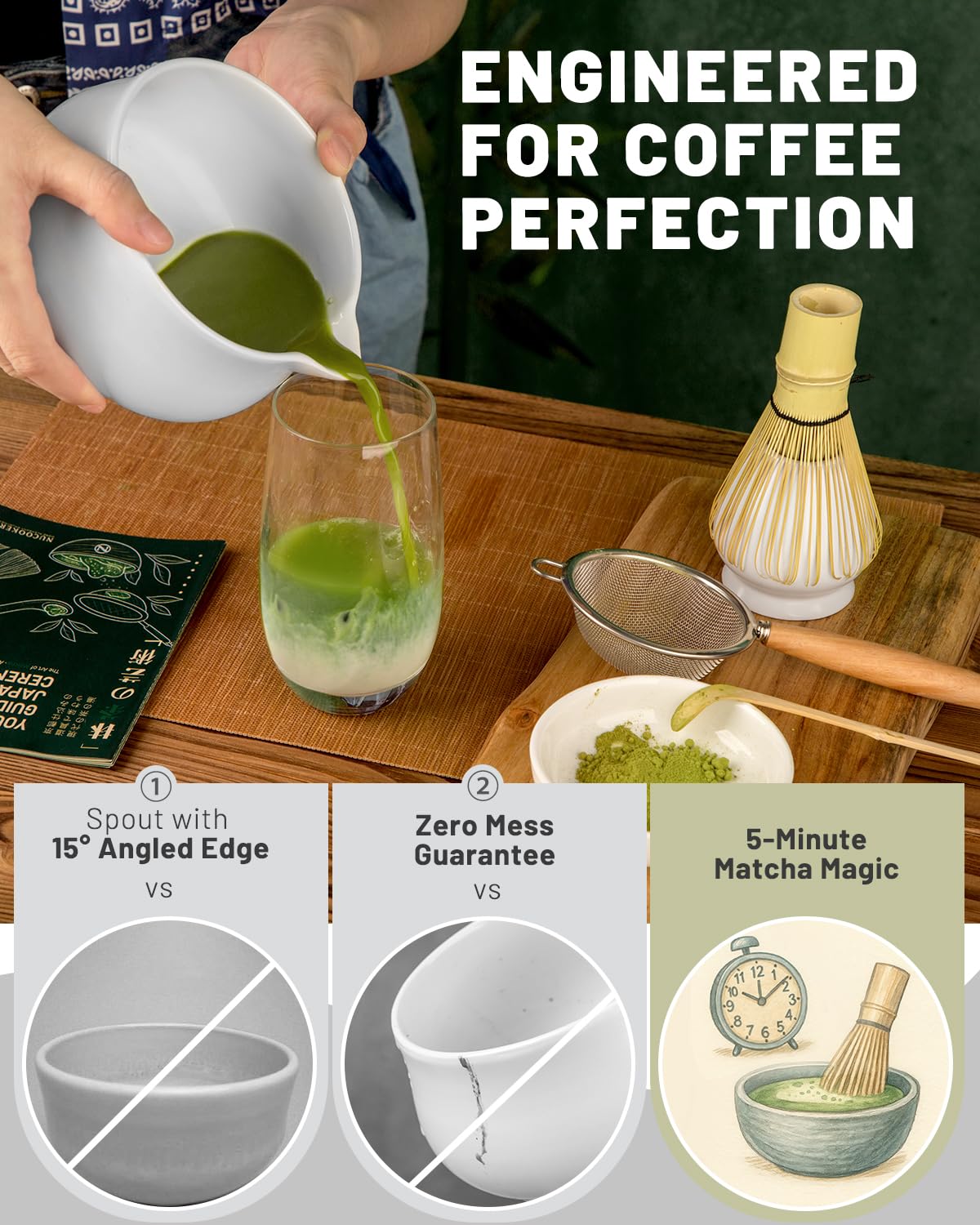 Nucookery Matcha Set with 18oz Ceramic Bowl Bamboo Whisk Kit 5pcs, White