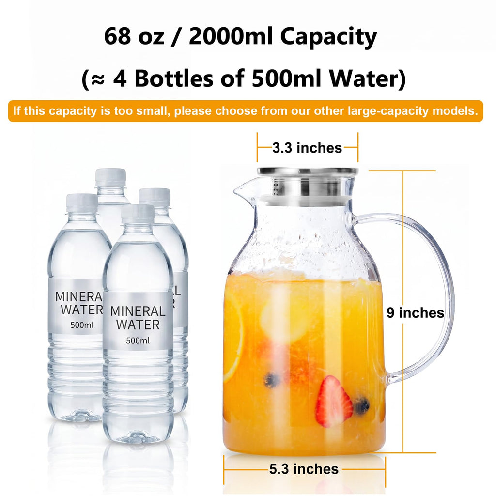 Glass Water Pitcher with Lid and Spout, 68oz/2L Borosilicate Glass