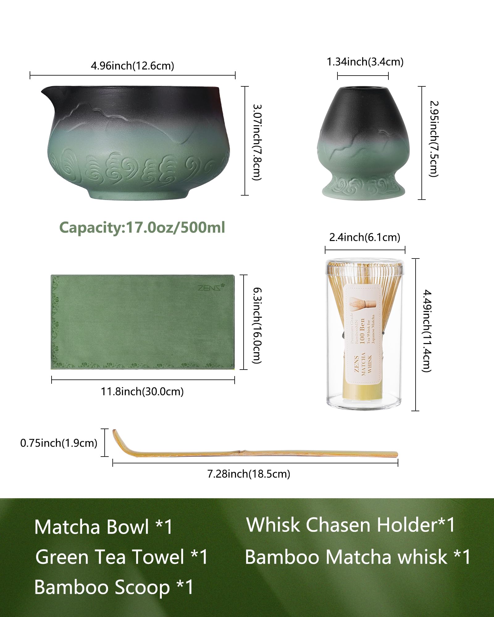 ZENS Premium Matcha Whisk Set, 5pcs Matcha Kit with Matcha Tools, Green