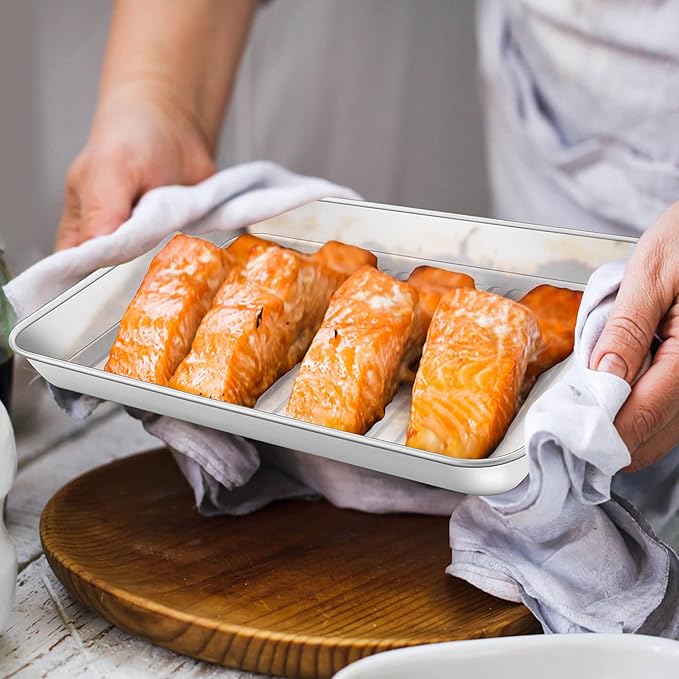 P&P CHEF Baking Oven Pan with Wire Rack, Stainless Steel Baking Oven Sheet Tray, Bacon Pan and Cooling Rack for Cooking Roasting Cookie, Dishwasher Safe & Easy Clean, 10.5 x 8 x 1 Inch