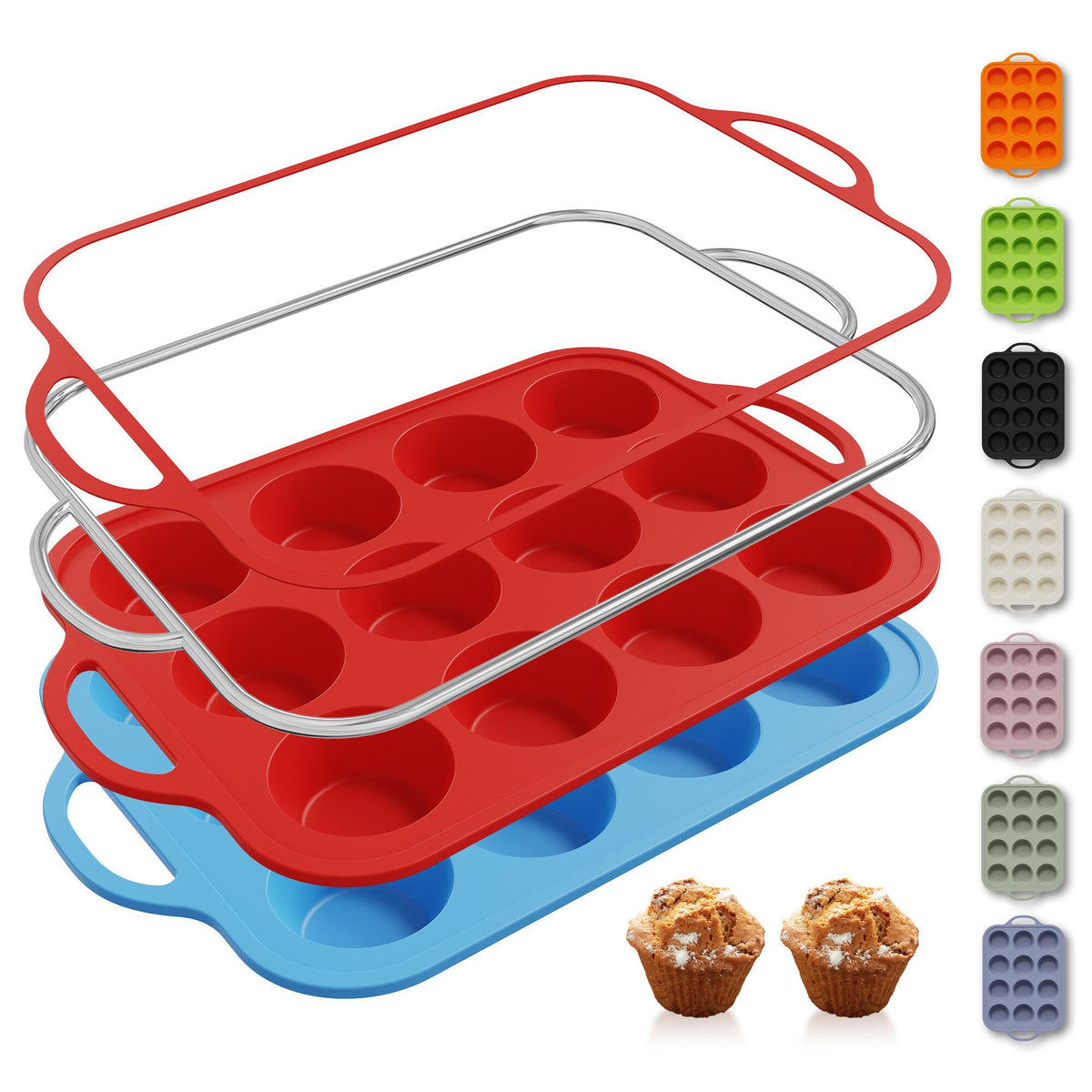 2 Packs 12 Cups Silicone Muffin Pan for Baking with Metal Reinforced Frame Regular Size Cupcake Pan Tray Chocolate Egg Pizza Bites Oven Top Cookie Molds Muffin Tin Tart Pans Sheet Set Bakeware Liner
