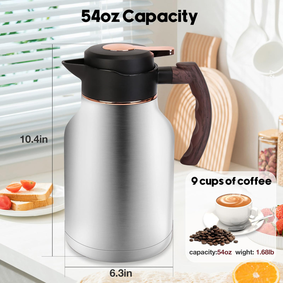 54oz Thermal Coffee Carafe, Stainless Steel Insulated Vacuum Carafe