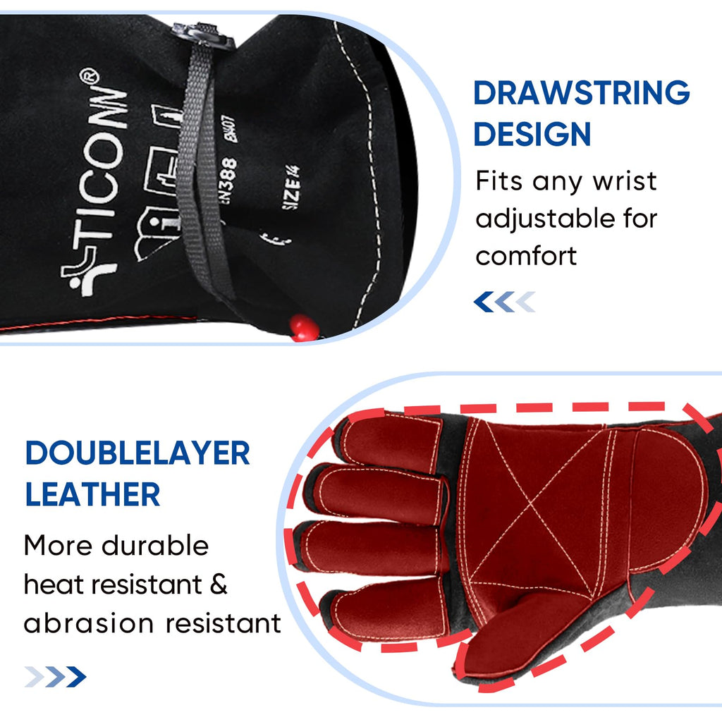 TICONN 16 Inch Welding Gloves, 1000°F Heat-Resistant Fireproof Leather Gloves for Welders, Stick, Forge, Mig, Tig, BBQ, Baking, Oven (Black/Red, XXL)