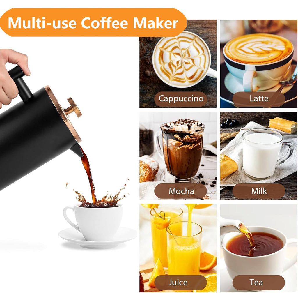 Meelio Small French Press Coffee Maker 350ml/12oz, Black Stainless Steel Double-Wall Insulated, Included 2 Extra Filters and 1 Coffee Spoon (1 Cup)