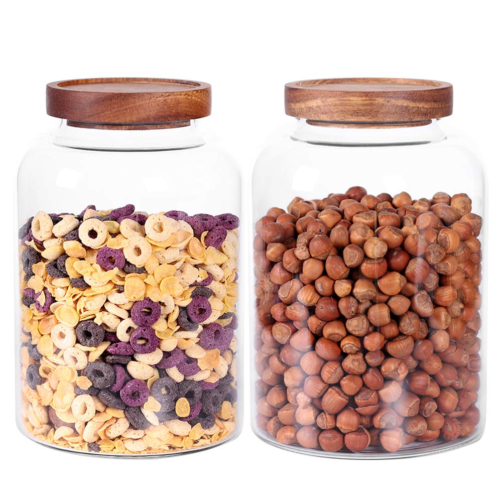 Large Glass Jar with Airtight Lid Set of 2 93 FL OZ(2750ml) glass canister set, Glass Food Containers Wooden Lid Suit for Kitchen Pantry for Flour, Tea, Coffee Beans, Sugar, Cookies(8.8 inch high)