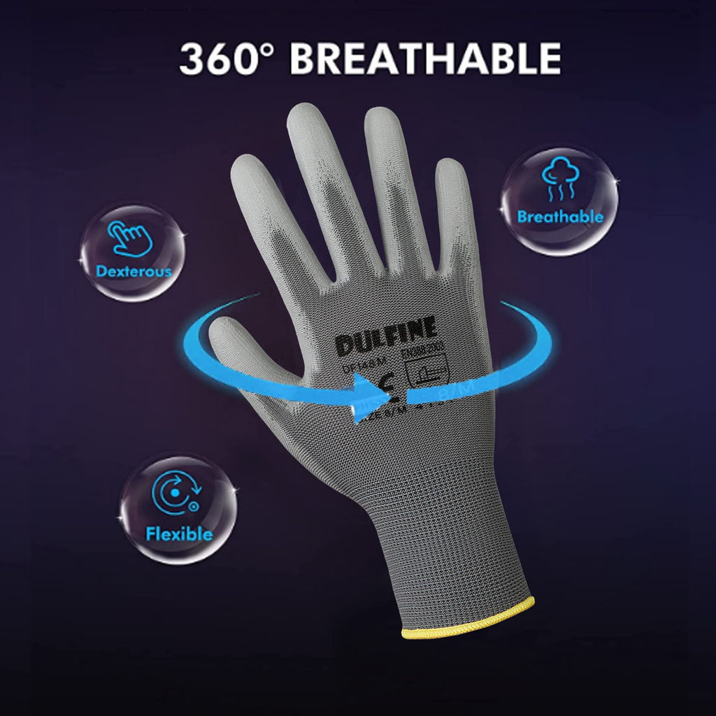 DULFINE Safety Work Gloves for Men 60 Pairs, Ultra-Thin PU Coated Grey S