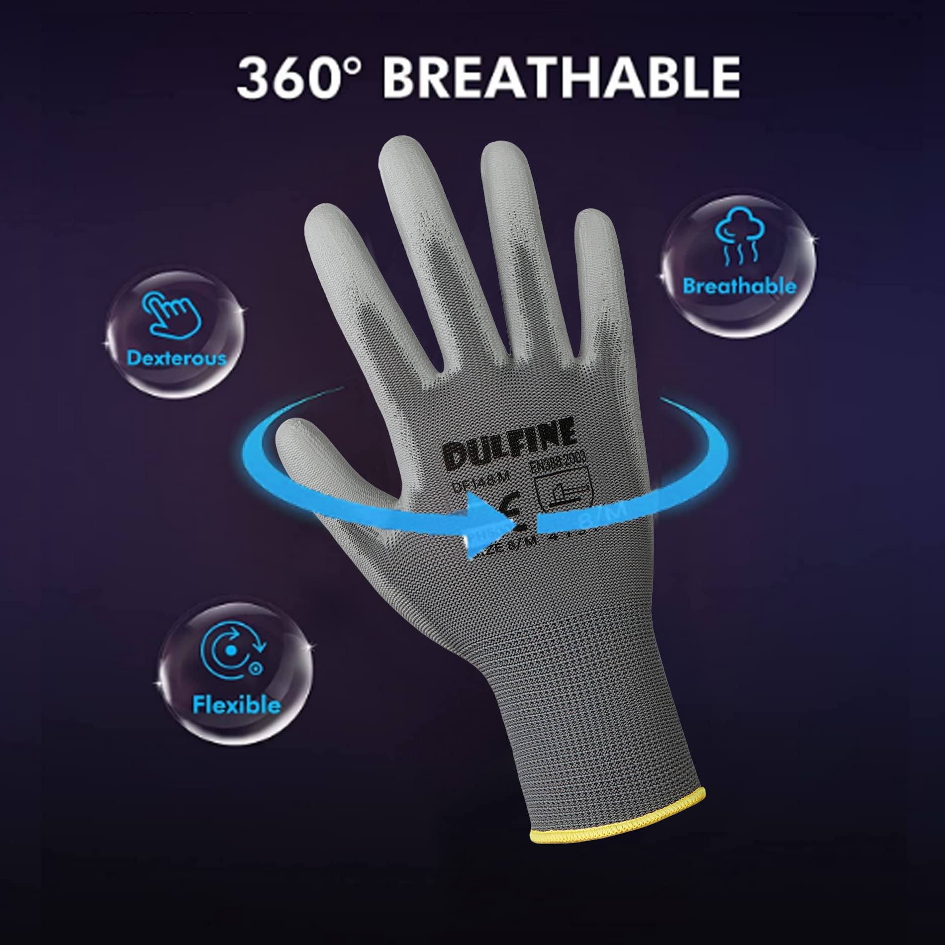 DULFINE Safety Work Gloves for Men 60 Pairs, Ultra-Thin PU Coated Grey S
