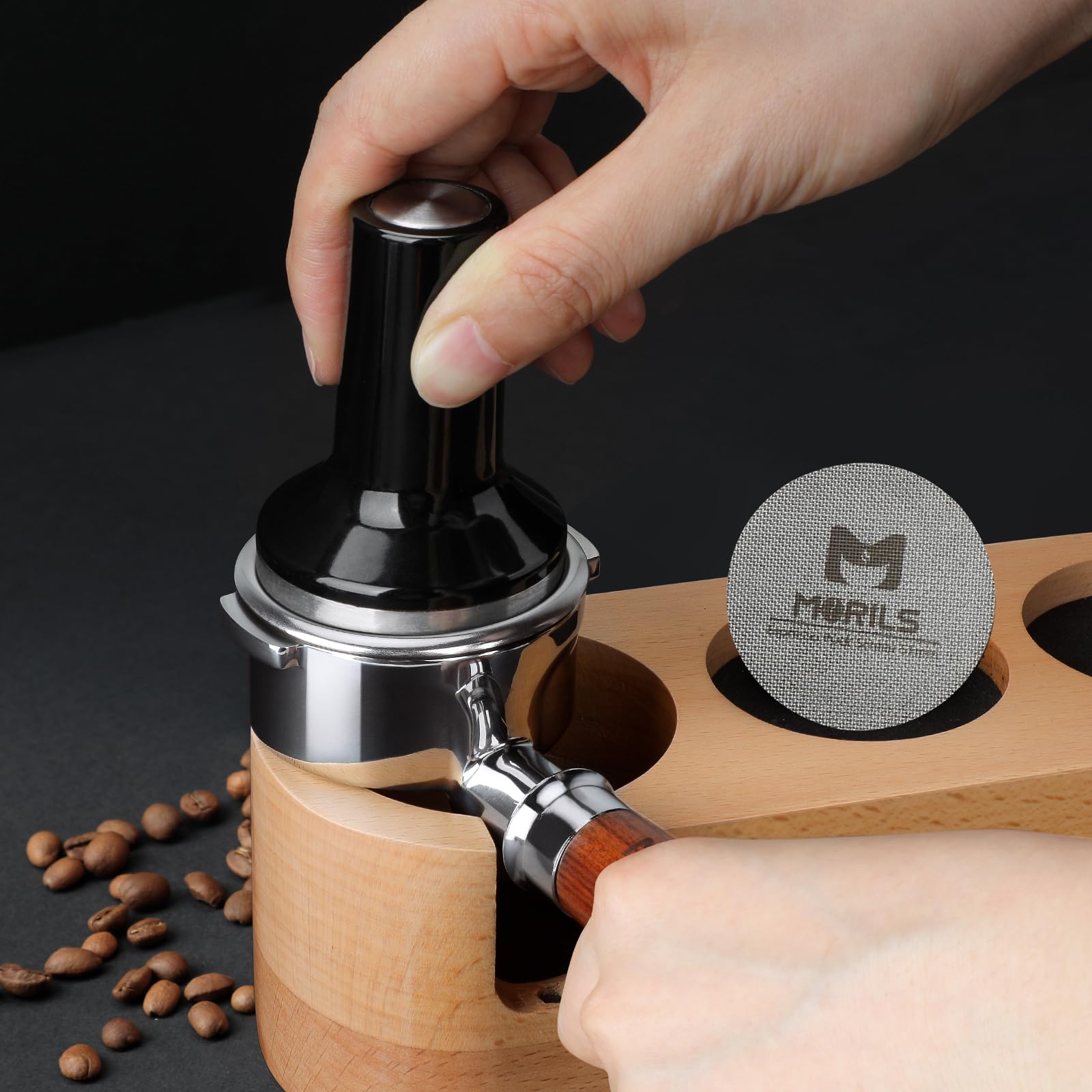 MORILS Bottomless Portafilter 58mm with Double Shot Filter Basket & Premium Walnutwood Handle, Portafilter with Puck Screen Compatible with All Breville 58mm Machines, Espresso Accessories, Silver