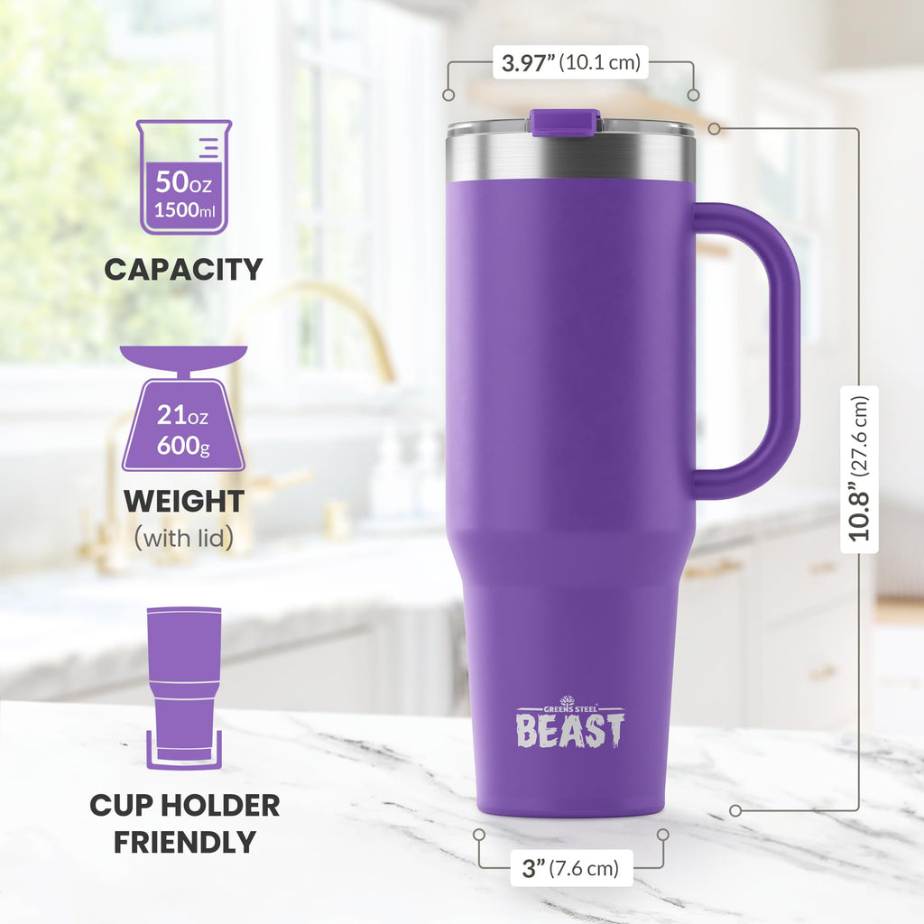 Beast 50 oz Tumbler with Handle Stainless Steel Vacuum Insulated Coffee Ice Cup Double Wall Travel Flask (Deep Purple)