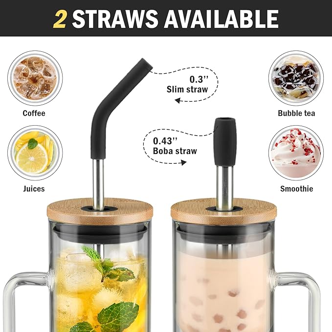 Kodrine Tumbler with Lid and Straw, 20 oz Glass Coffee Tumbler with Handle, Smoothie Cup with Bamboo Lid | Time Marker | Silicone Protective Sleeve, BPA Free - Black