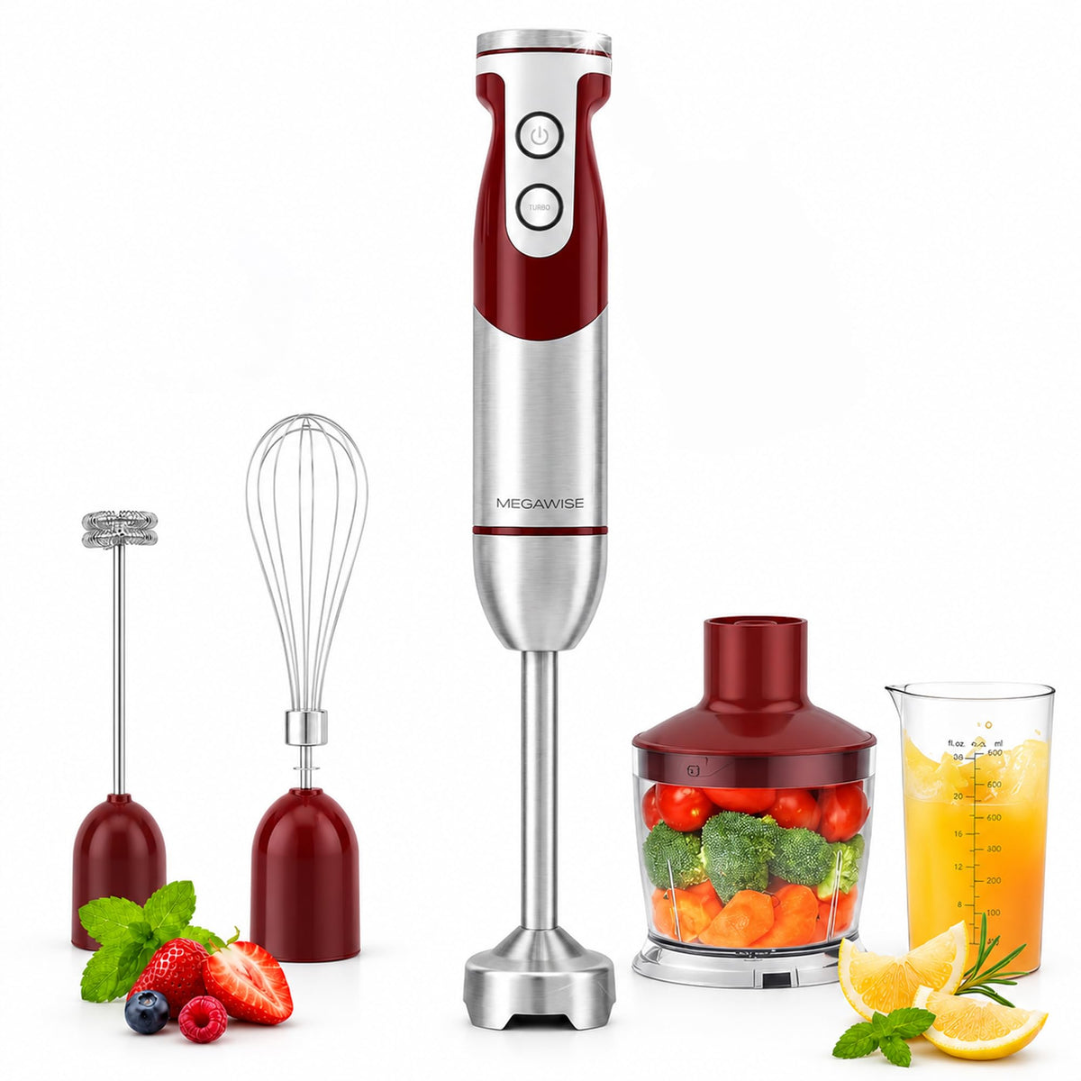 MEGAWISE 5-in-1 Immersion Hand Blender, 400W, Variable Speed, Red