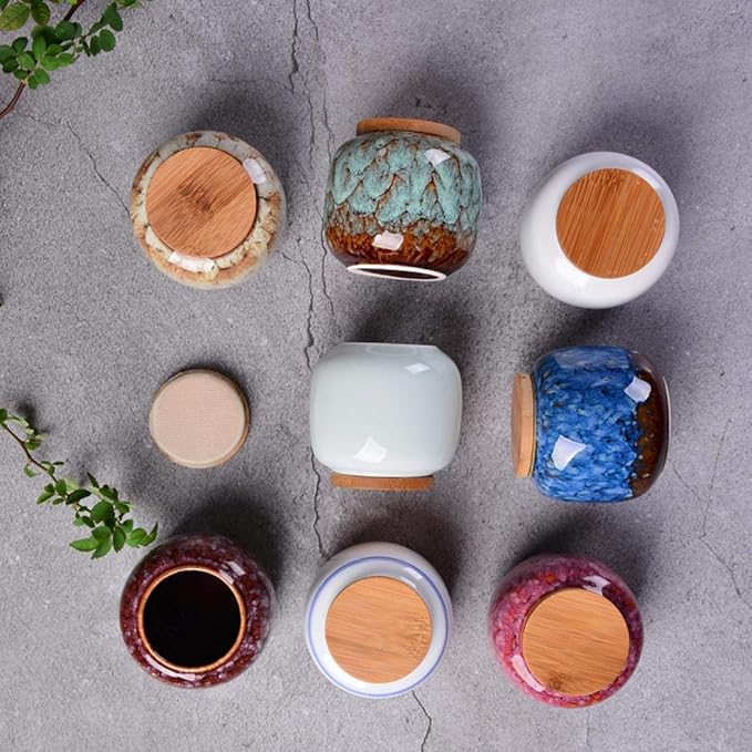 Ceramic Storage Jars, Vintage Chinese Style Storage Jars with Bamboon Lid, Traditional Tea Tins Cans Canister for Kitchen Spice, Tea, Coffee, Condiment (Khaki)